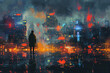 Man standing on street looking at futuristic city at night, sci-fi concept, illustration painting