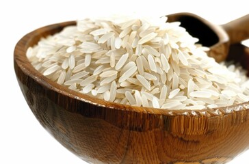 Wall Mural - A bowl of white rice is sitting on a wooden table