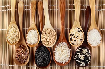 Wall Mural - A collection of different colored rice grains are displayed on a wooden table