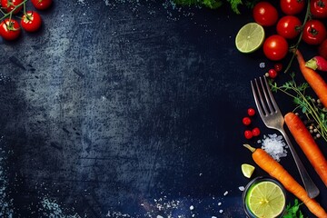 Wall Mural - A black background with a variety of vegetables including carrots, tomatoes