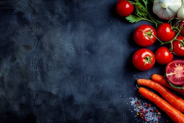 Wall Mural - A black background with a variety of vegetables including carrots, tomatoes