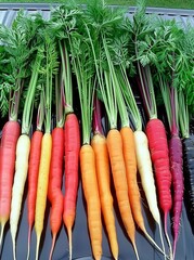 Wall Mural - A bunch of carrots are displayed in a row, with some being orange