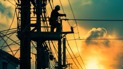 A man is working on a power line at sunset