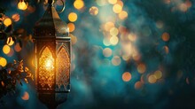 Islamic Lantern Ramadan Kareem On Blur Background, Copy Space. Generative AI Image