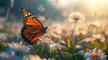 Monarch Butterfly With Open Wings Perched On A Yellow Flower At Sunset. Generative AI