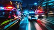 A blurred motion shot of emergency vehicles rushing to an accident scene at night, emphasizing urgency,