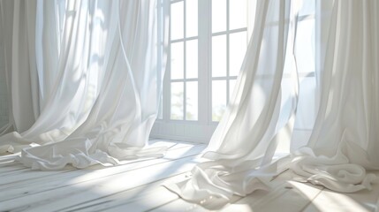 Wall Mural - White curtains gently sway in the breeze beside the room's window.