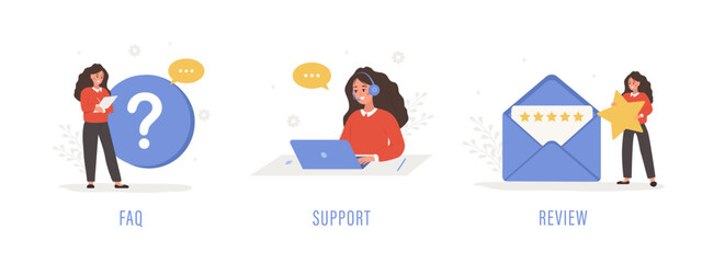 Wall Mural - customer support. female characters ask questions, get answers, and leave feedback. faq concept. onl