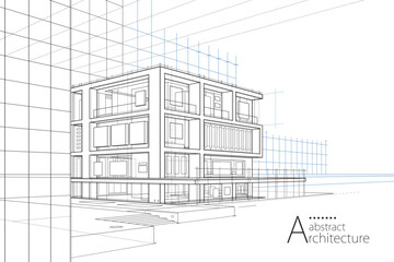 Aufkleber - 3D illustration abstract  building out-line drawing of imagination architecture building construction design.