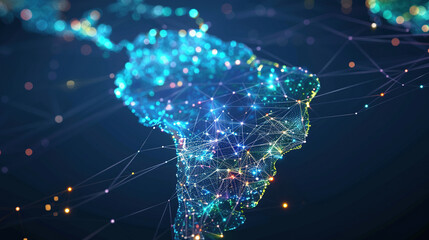 Wall Mural - Abstract digital map of South America, concept of global network and connectivity, data world transfer and cyber technology, information exchange and telecommunication. Digital map for business