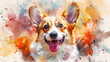 Watercolor illustration of a dog, Pembroke Welsh Corgi breed, happy smile With paint spray, 