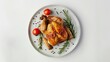 Roasted Chicken on Plate Isolated on White Background. Flatlay, Roast, BBQ, Grill, Food, Meat, Dinner, Pultry, Fried, Whole, Delicious, Thanksgiving, Dish, Lunch, Cooking, Turkey
