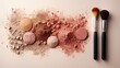 A composition of makeup products in Peach Fuzz 2024 color creates an inviting palette for beauty enthusiasts, ready for a touch of elegance. Generative AI