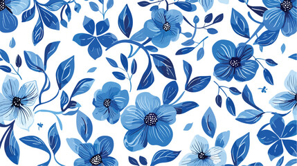  Blue seamless scarf pattern with flowers and leaves.