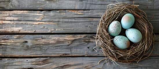 Easter eggs in a nest placed on weathered wooden boards