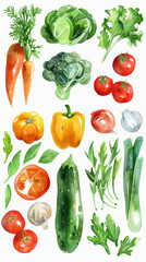 Wall Mural - watercolor style illustration of cute fresh vegetable collection set, , watercolor illustration 