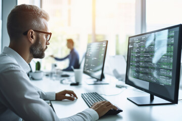 Wall Mural - man at computer, software developer working on coding script or cyber security in bright modern offi