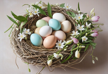 Poster - Easter floral composition with delicate pastel eggs and flowers in a nest colorful background