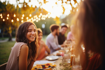 Wall Mural - Group of young happy people having lunch at the beautifully decorated table with healthy food in the garden