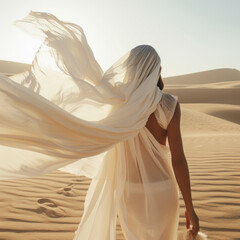 Poster - Woman in a long white dress walking in the desert with flowing fabric in the wind	
