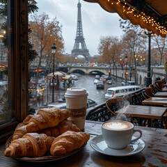 Cozy parisian cafe with view of eiffel tower, fresh croissants and coffee on table. romantic urban scene. generative AI