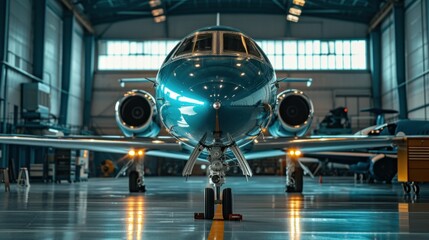 Wall Mural - Business jet airplane is in airport hangar