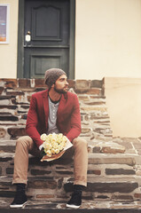 Poster - Stairs, waiting and man with bouquet for anniversary, valentines day or first date in outdoor city. Roses, flowers and male person on steps for romantic gift, celebration or love in urban town