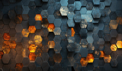 Poster - Abstract metallic texture hexagon pattern with glowing orange red flame on black grey background technology style. Modern futuristic honeycomb concept.