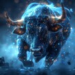 Blue digital bull charging through obstacles, metaphor for overcoming business challenges with a positive outlook digital photography
