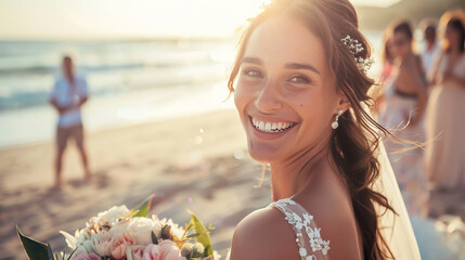 Wall Mural - Portrait of a happy smiling caucasian woman bride in white dress on her wedding day on the beach with family , friends and sea view in background