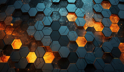 Poster - Abstract metallic texture hexagon pattern with glowing orange red flame on black grey background technology style. Modern futuristic honeycomb concept.