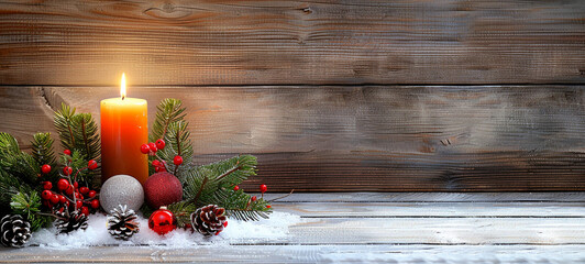 Wall Mural - wood background with a burning candle on snow, AI Generative.