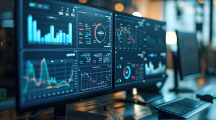 Wall Mural - close-up view of a computer monitor displaying an analytics dashboard with various metrics and graph