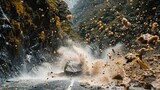 Fototapeta  - A mudslide on a mountain road. A landslide, rocks and water are falling. Danger to life. The concept of natural disasters