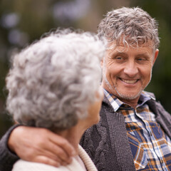 Poster - Senior couple, outdoor and smile with hug for retirement with bonding, love and support to relax together. Relationship, romance and happy or fun at park as family, soulmate and commitment