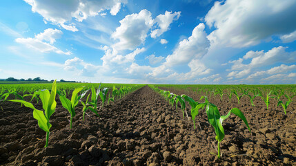 Canvas Print - Rows of corn sprouts in the field in spring