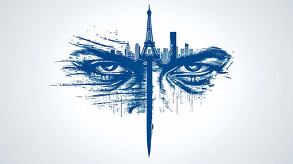 Wall Mural - A blue and white drawing of a pair of eyes with a city in the background. The eyes are open and staring at the viewer