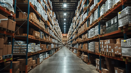 Aufkleber - Company with inventory control, A bustling warehouse packed to the brim with countless boxes and assorted inventory items. Generative AI.