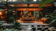 © visoot - Dinner table in middle of outdoor courtyard of small modern house, tropical plants around. Generative AI.