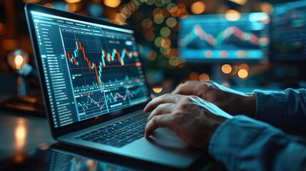 Aufkleber - Close-up hand of person using two computers to monitor stock figures. Generative AI.