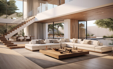 Wall Mural - Modern living room in a villa, with white walls and a wood floor, glass windows with views of a pool outside