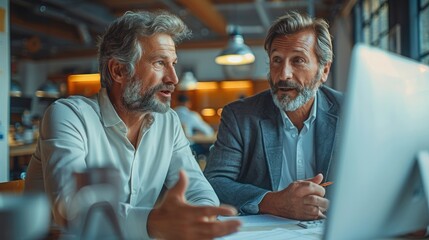 Wall Mural - Two business man at a computer talking and smiling. They are in a brightly lit office. Generative AI.