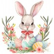 Cute kawaii Easter bunny with a pink ribbon around its head