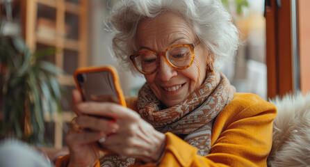 Poster - Happy senior woman using smartphone. Generative AI.