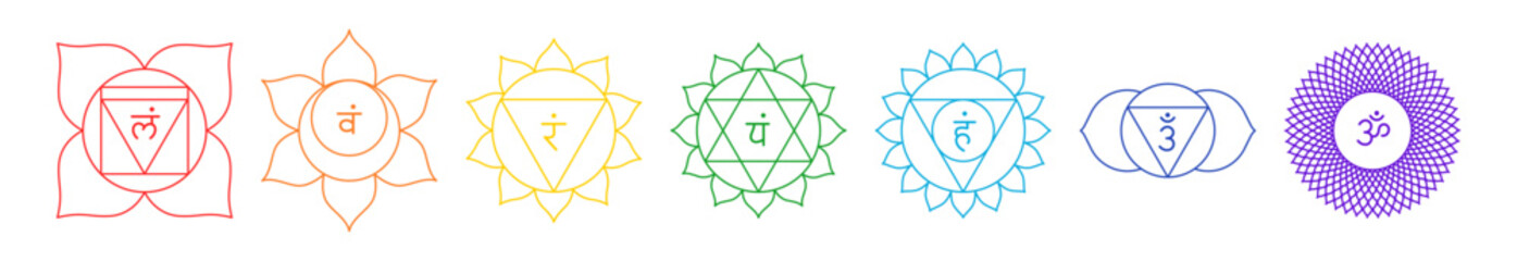 Chakra set, line art symbols. Meditation, spirituality, energy, healing vector illustration icon set on white background