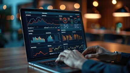 Wall Mural - Close-up hand of businessman working on laptop showing AI business analysis dashboard with charts. Generative AI.