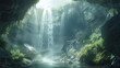 Many caverns, waterfalls, fantasy world setting. Generative AI.