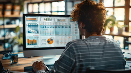 Poster - Close-up of person reviewing a detailed budget spreadsheet on a computer screen. Generative AI.
