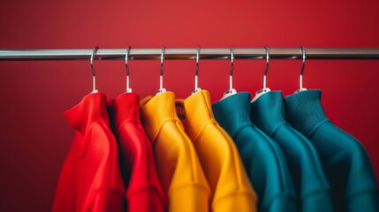 Wall Mural - Colorful Sweaters on Hangers Against Red Wall