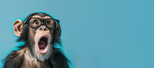 A baby monkey wearing glasses and an open mouth. Concept of curiosity and playfulness. Surprised chimpanzee wear glasses on bright blue background